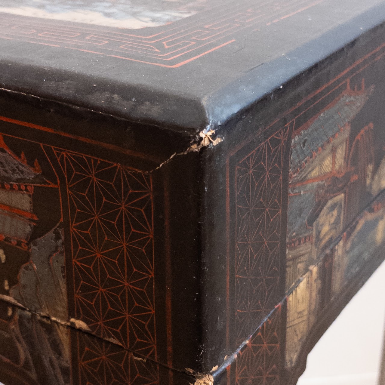 Antique Lacquered Chinese Box-Top End Table Pair