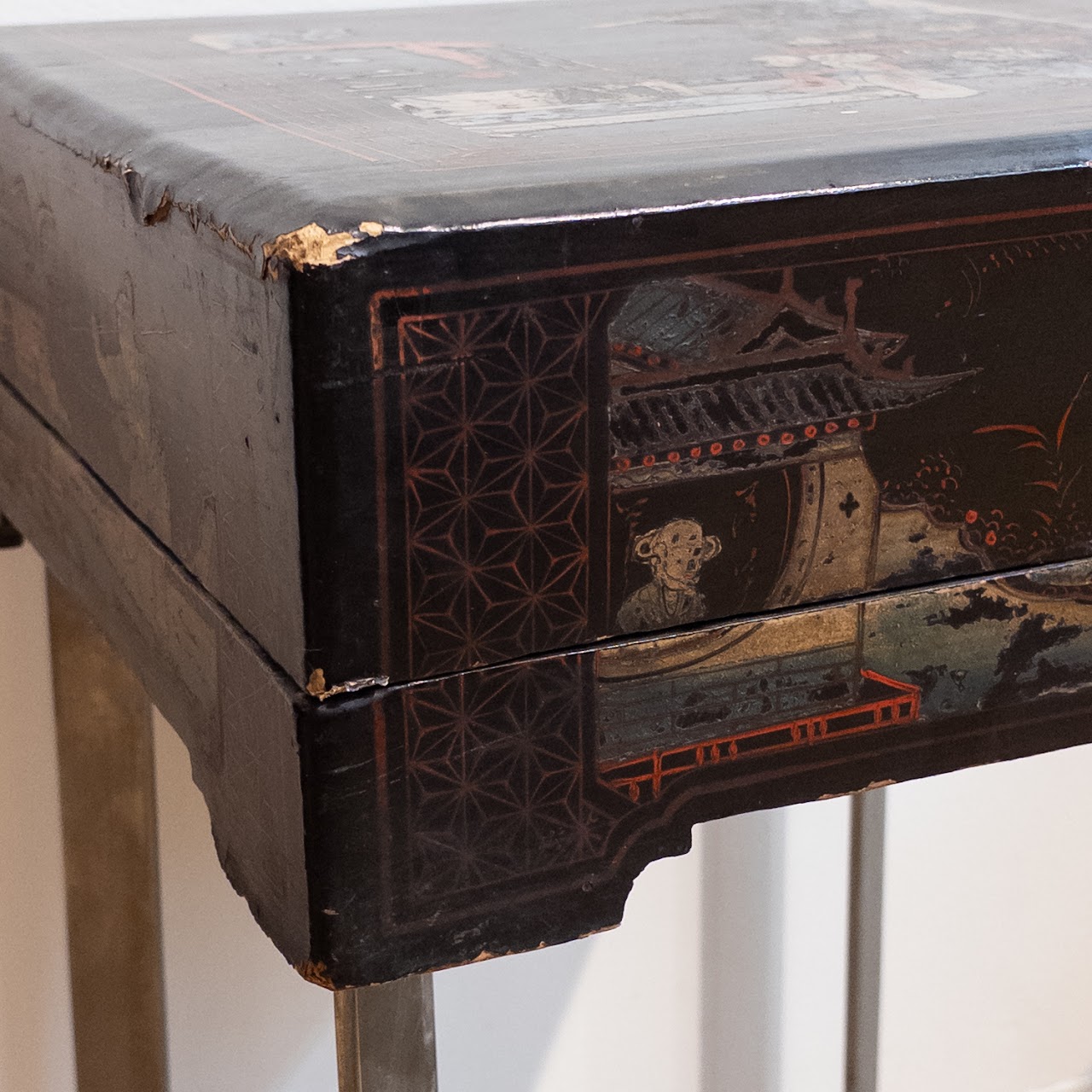 Antique Lacquered Chinese Box-Top End Table Pair