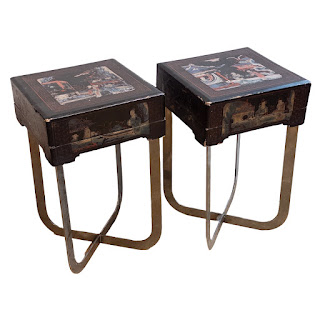 Antique Lacquered Chinese Box-Top End Table Pair
