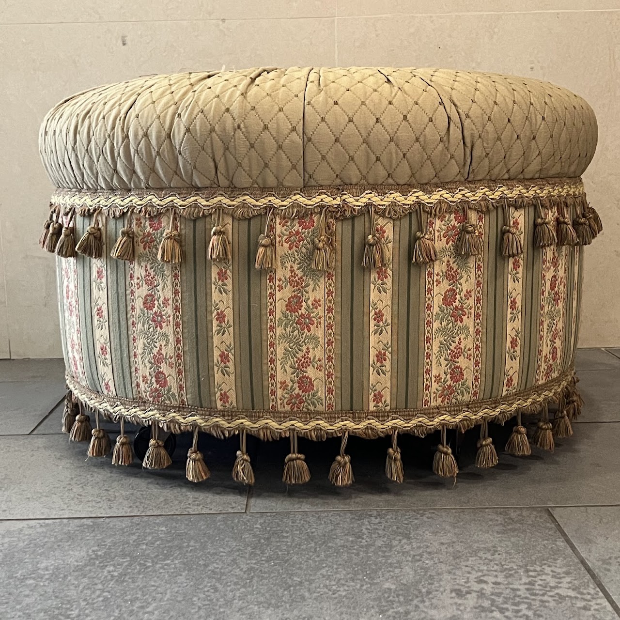 Victorian Style Tasseled Rolling Single Button Tufted Ottoman