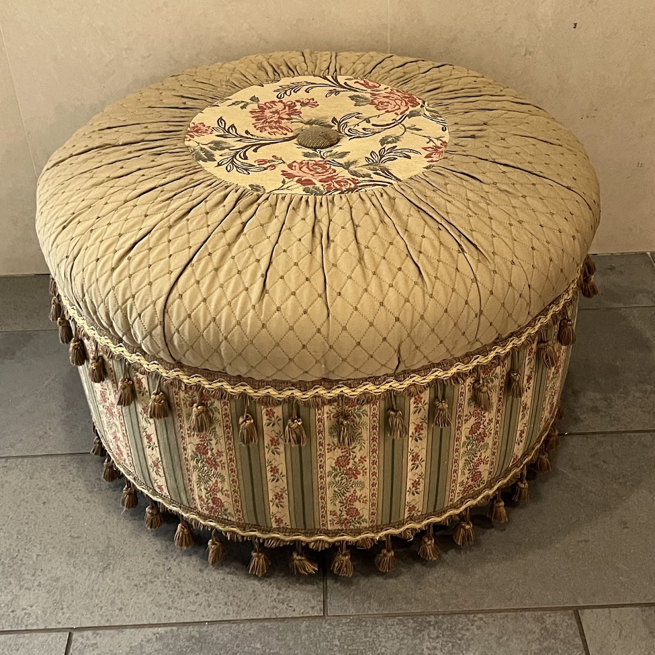 Victorian Style Tasseled Rolling Single Button Tufted Ottoman