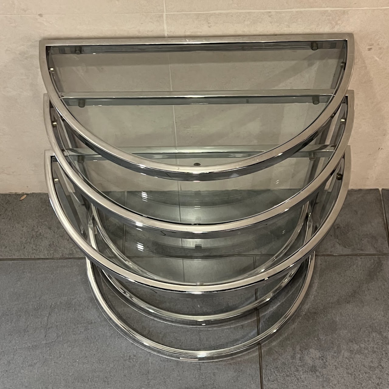 Mid-Century Modern Chrome and Glass Demilune Nesting Table Set