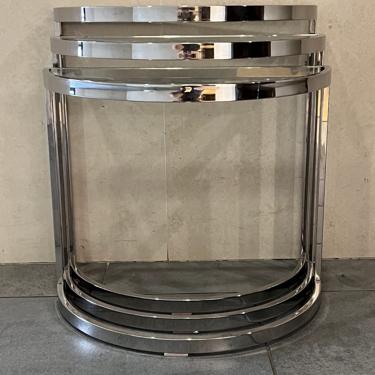 Mid-Century Modern Chrome and Glass Demilune Nesting Table Set