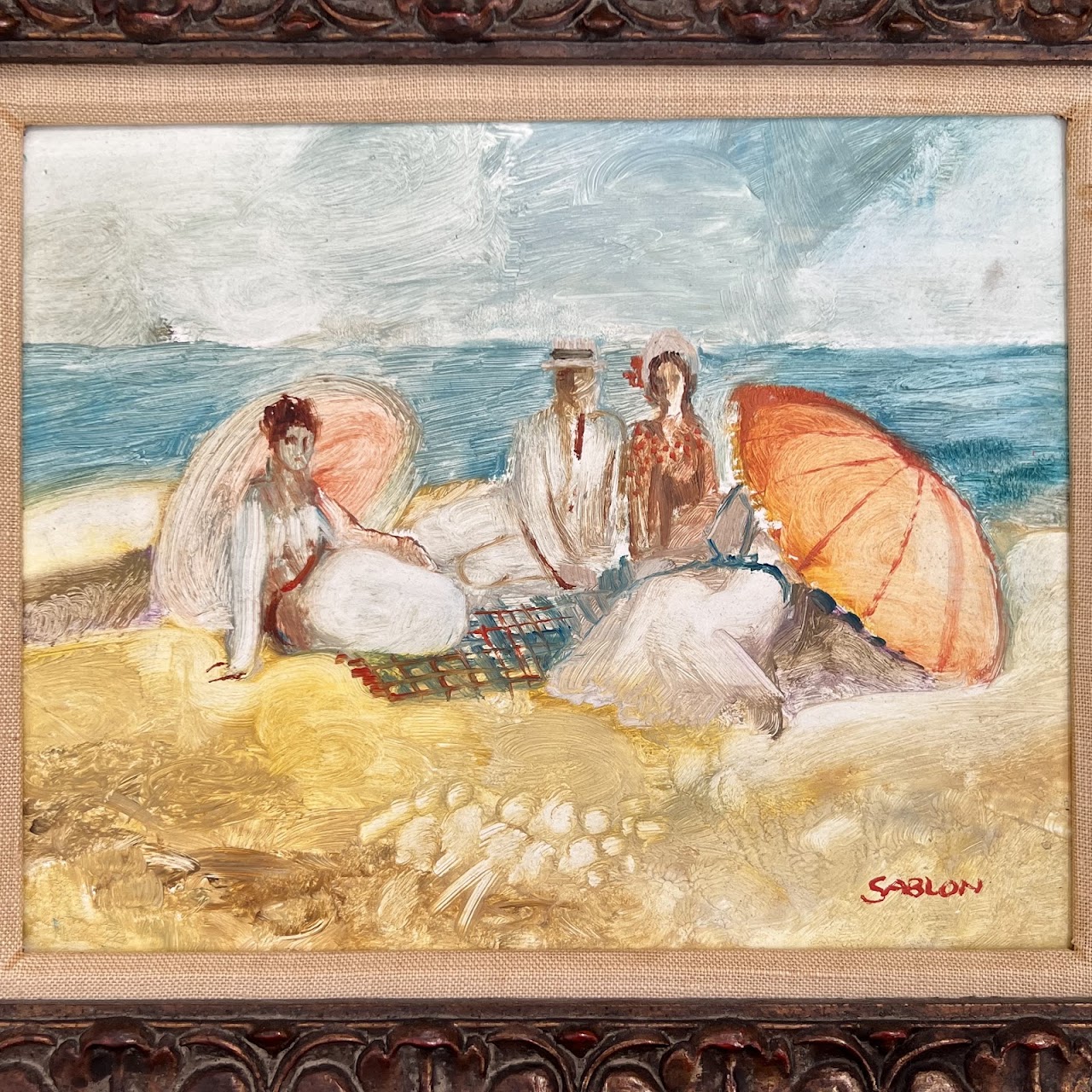 Sablon Signed Post-Impressionist Style Seaside Scene Oil Painting