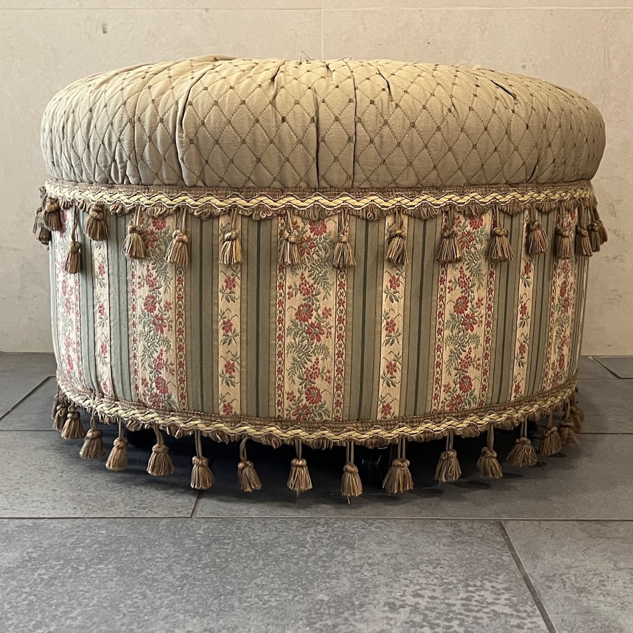 Victorian Style Tasseled Rolling Single Button Tufted Ottoman