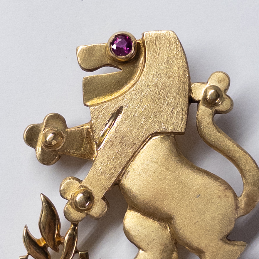 14K Gold and Ruby Lion Rampant Brooch