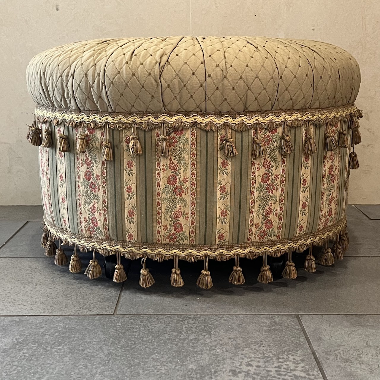 Victorian Style Tasseled Rolling Single Button Tufted Ottoman