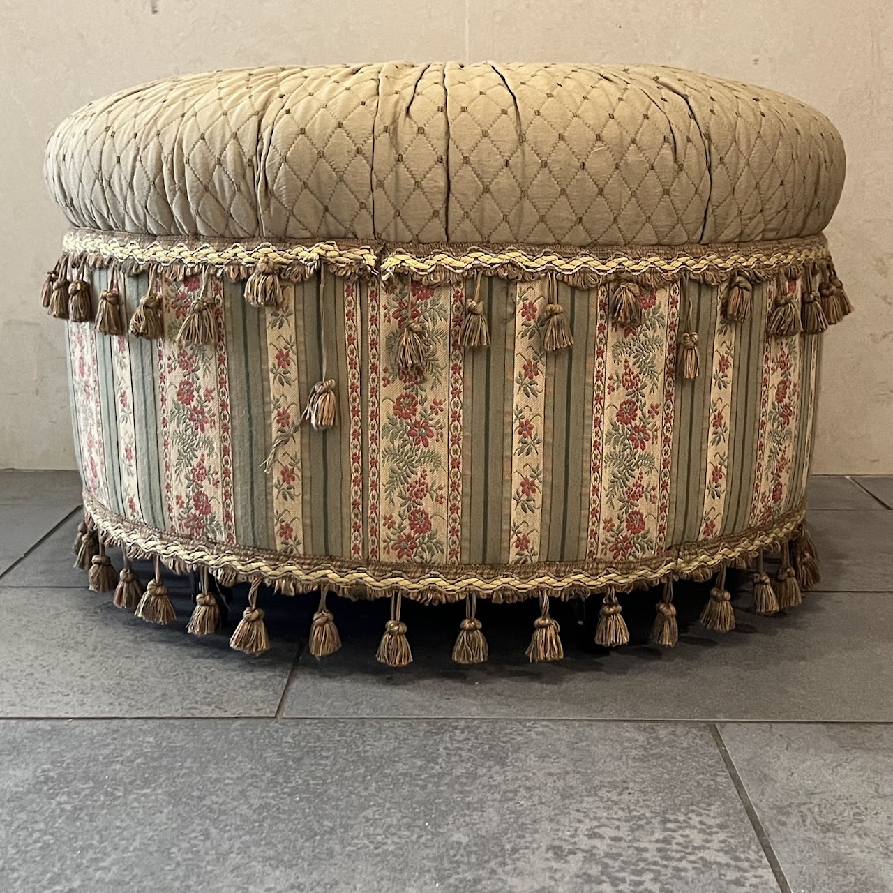 Victorian Style Tasseled Rolling Single Button Tufted Ottoman