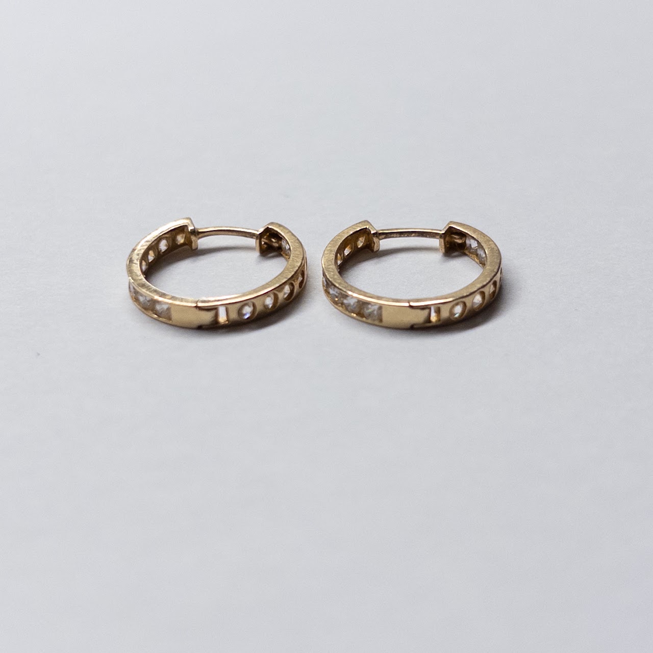 14K Gold and Clear Stone Hoop Earrings