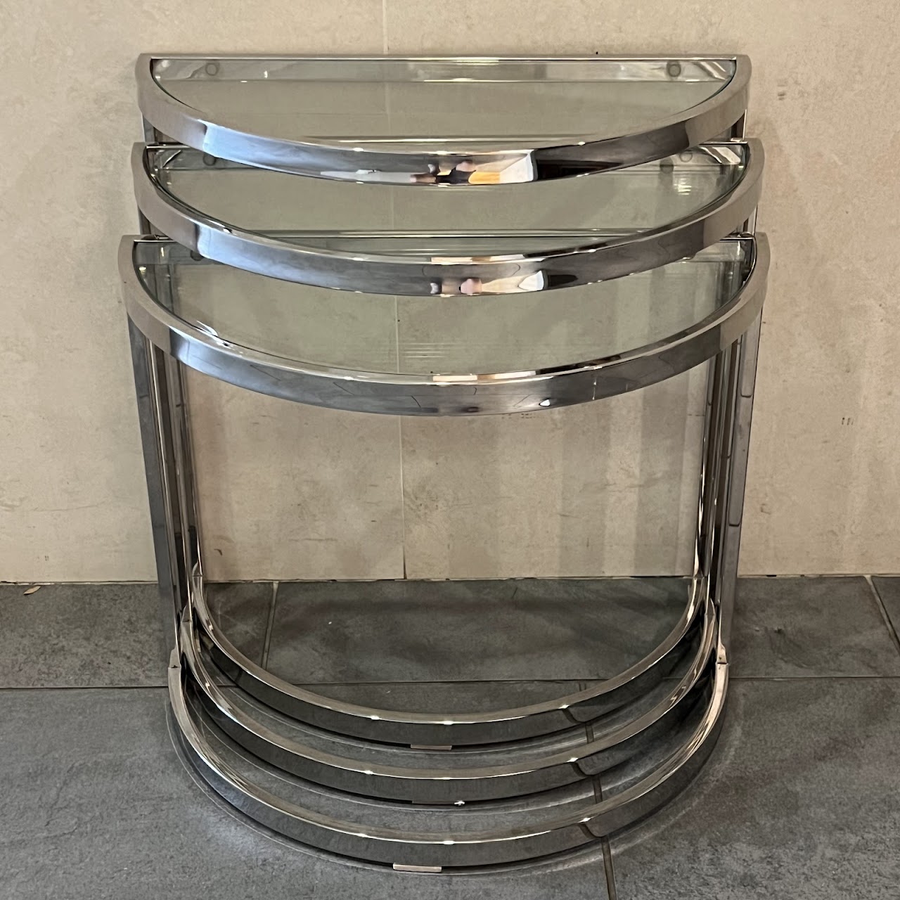 Mid-Century Modern Chrome and Glass Demilune Nesting Table Set