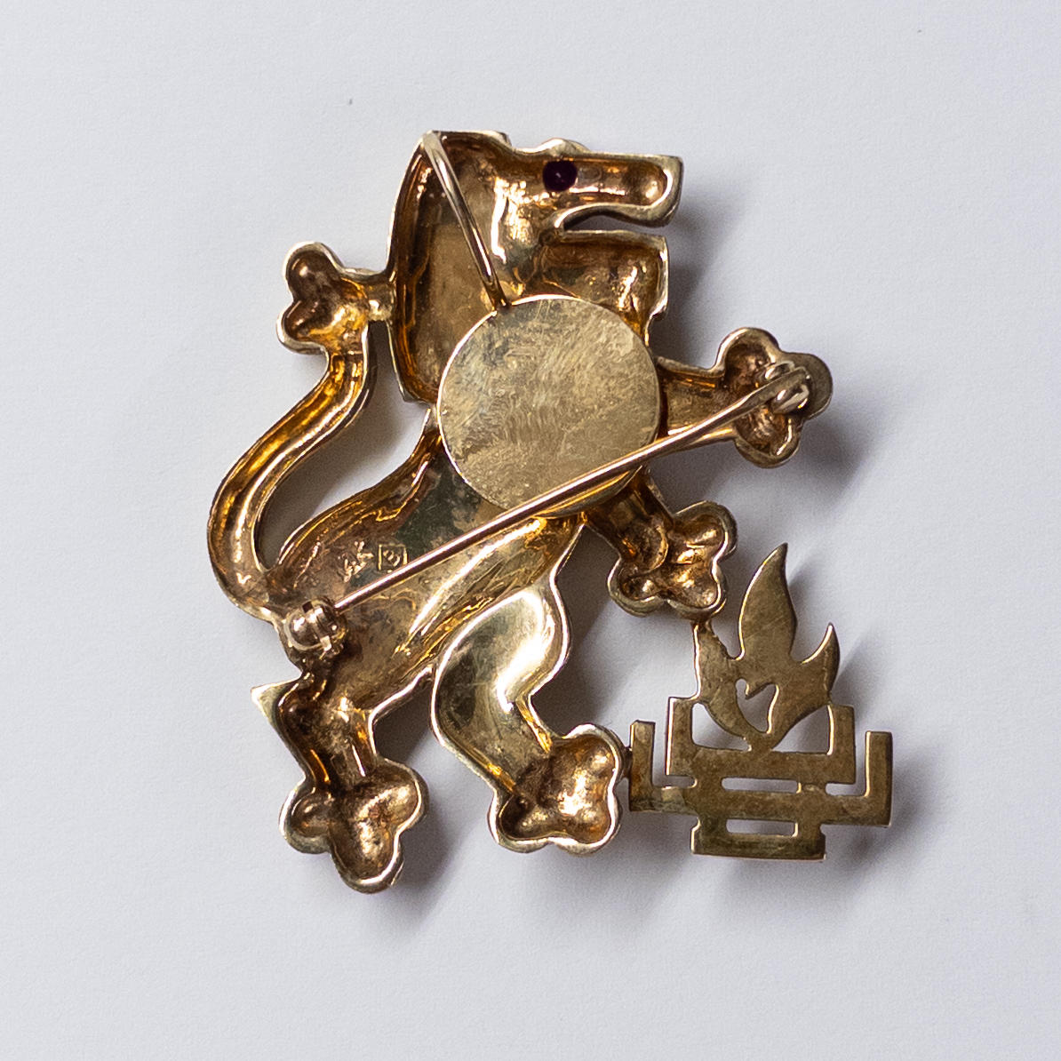 14K Gold and Ruby Lion Rampant Brooch