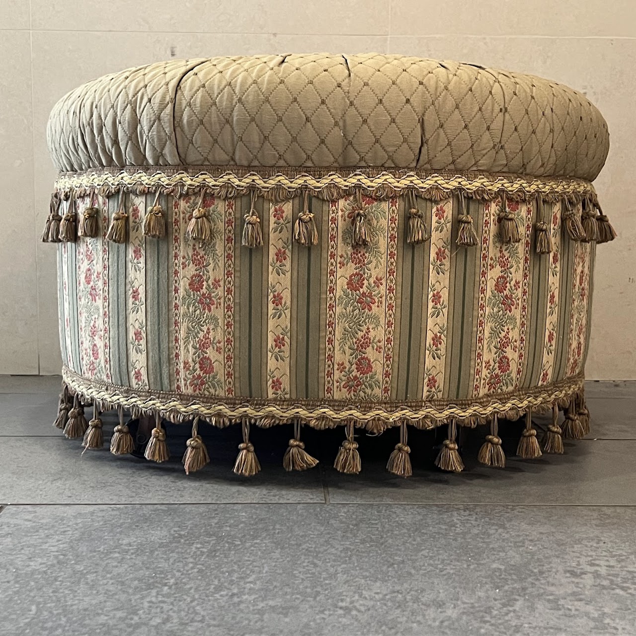 Victorian Style Tasseled Rolling Single Button Tufted Ottoman