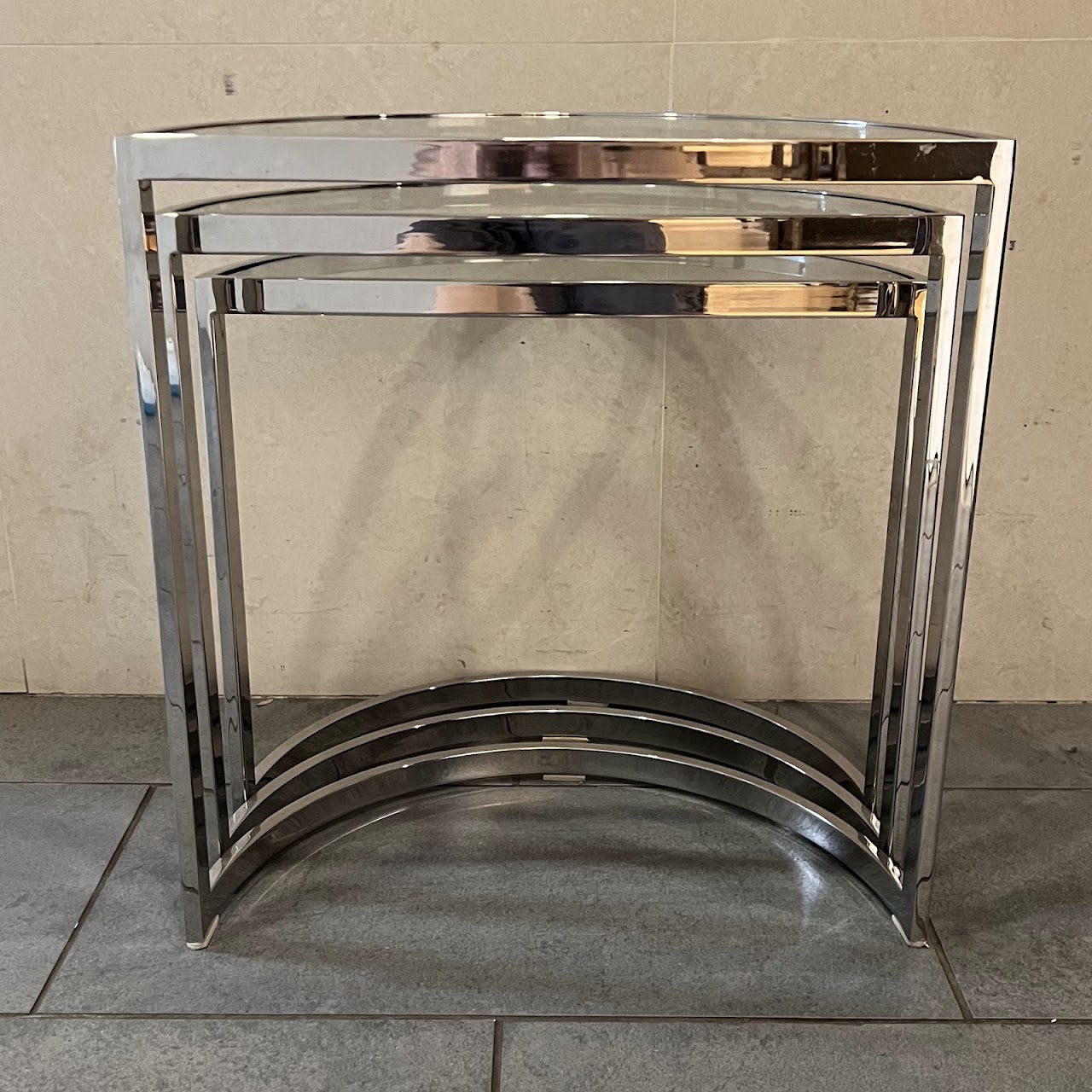 Mid-Century Modern Chrome and Glass Demilune Nesting Table Set