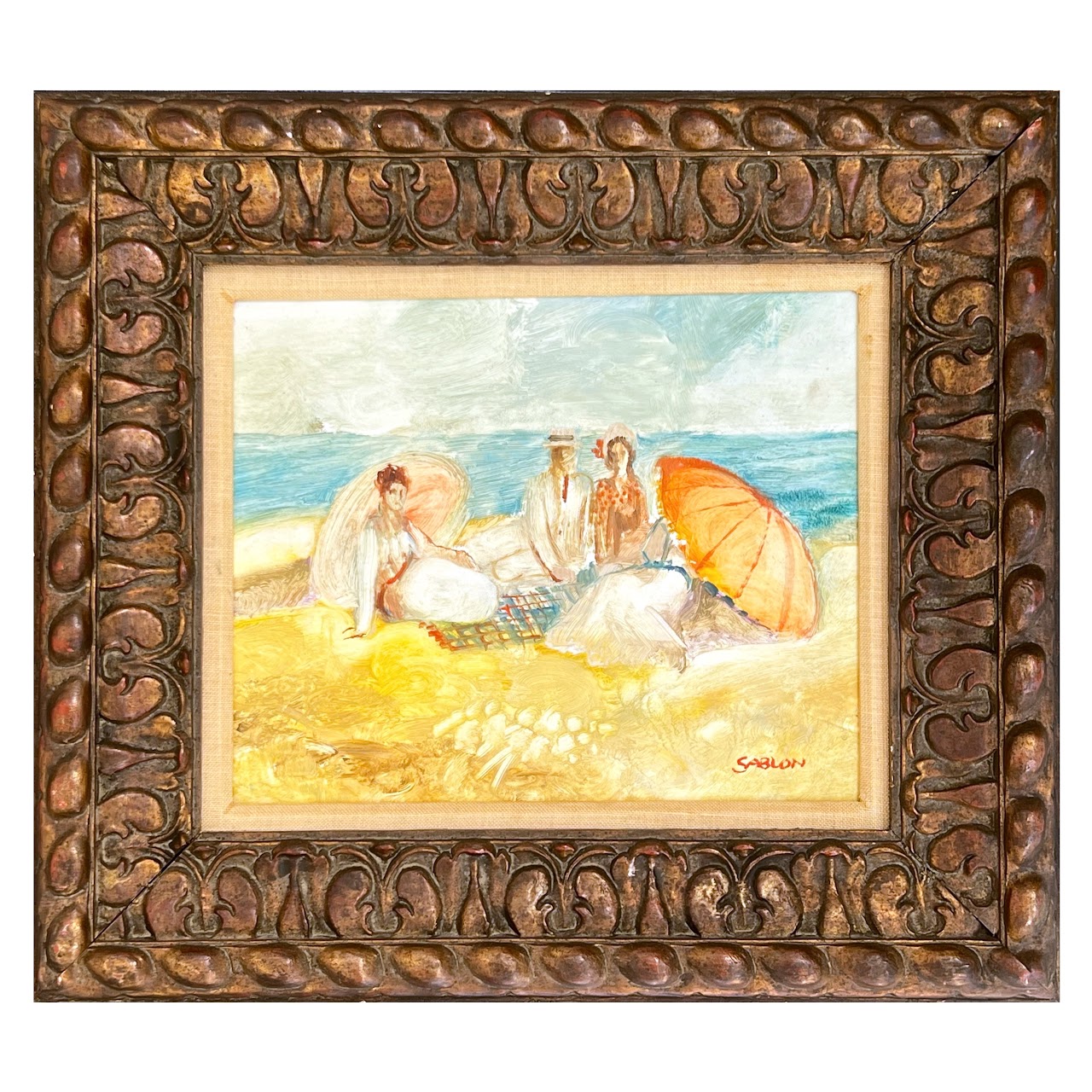 Sablon Signed Post-Impressionist Style Seaside Scene Oil Painting