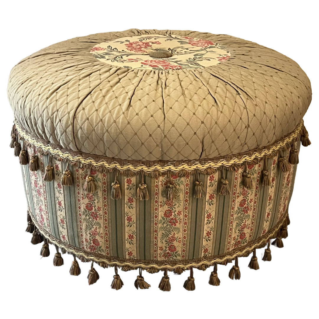 Victorian Style Tasseled Rolling Single Button Tufted Ottoman