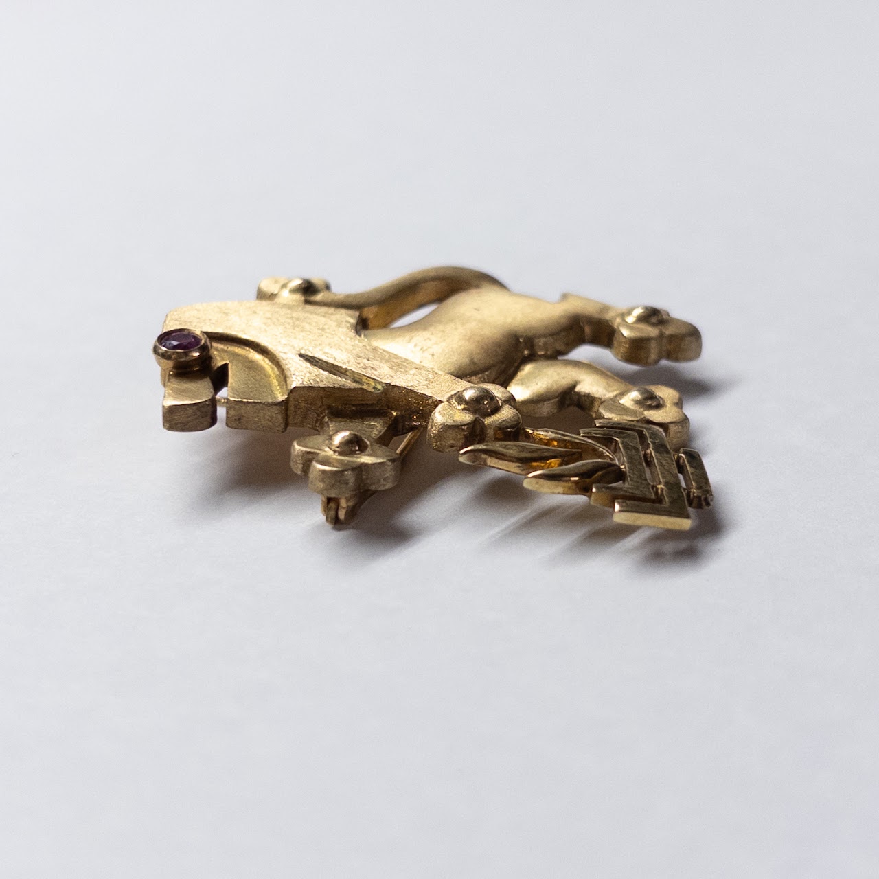 14K Gold and Ruby Lion Rampant Brooch