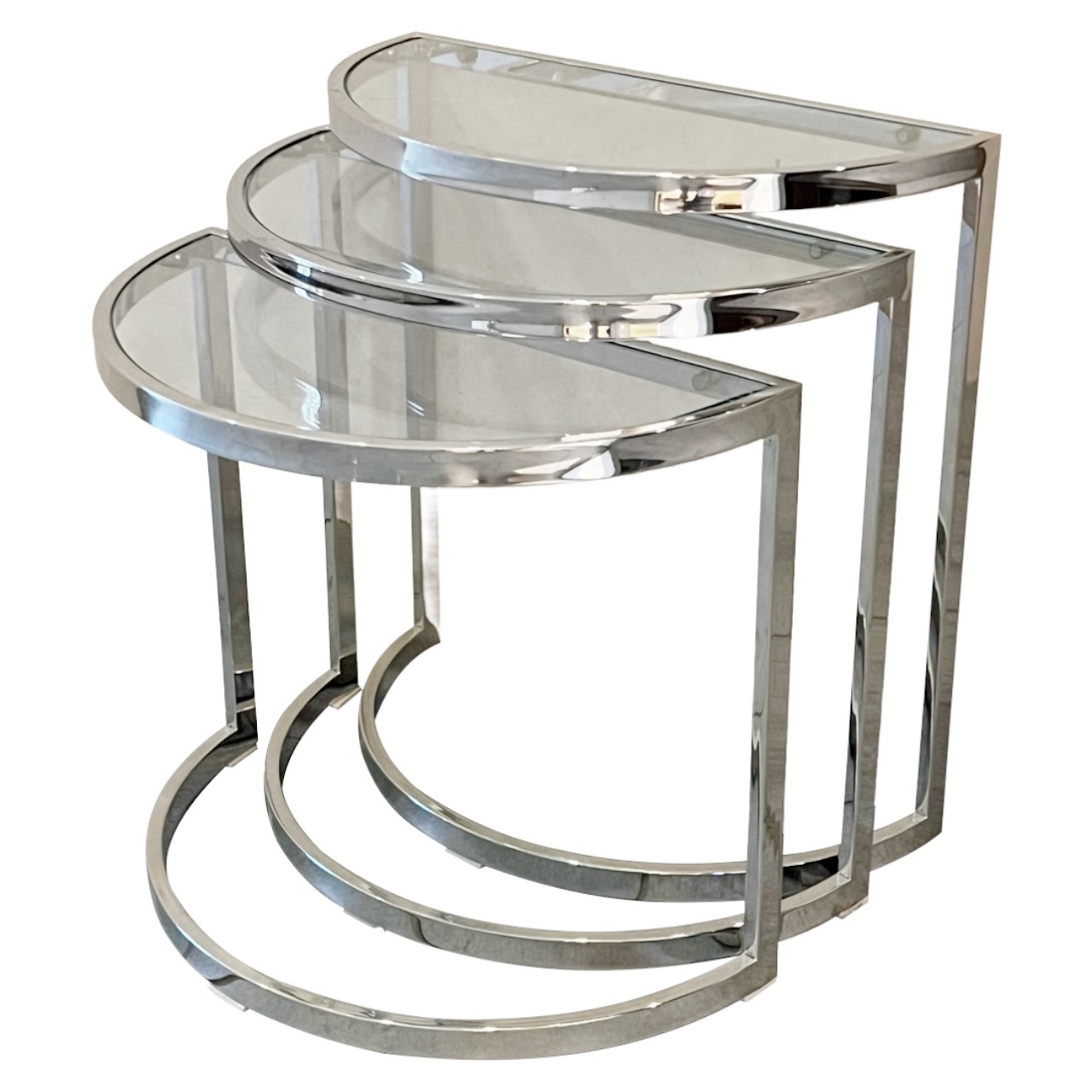 Mid-Century Modern Chrome and Glass Demilune Nesting Table Set