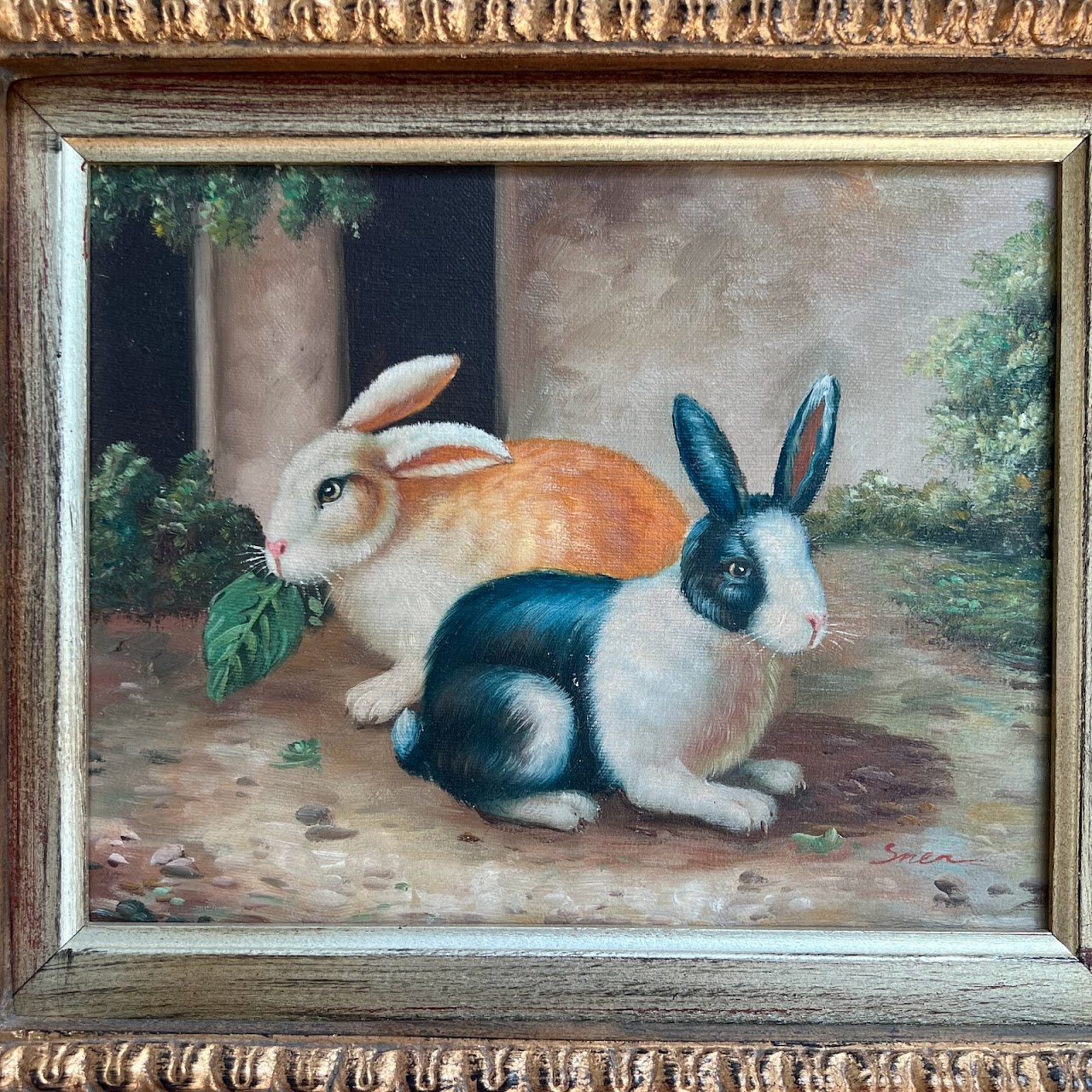 20th C. Signed Bunny Oil Painting