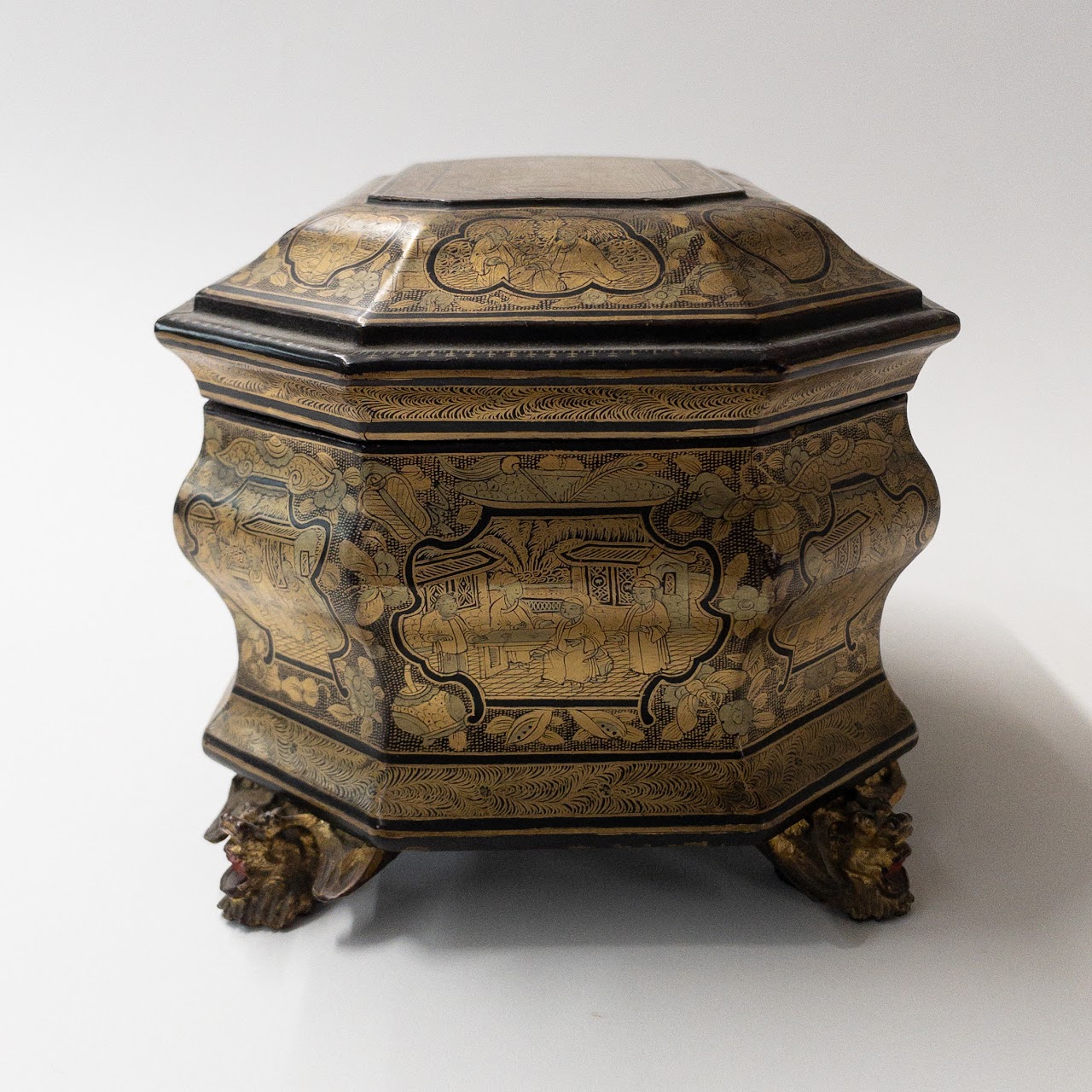 19th C. Chinese Lacquered Tea Caddy with Pewter Boxes