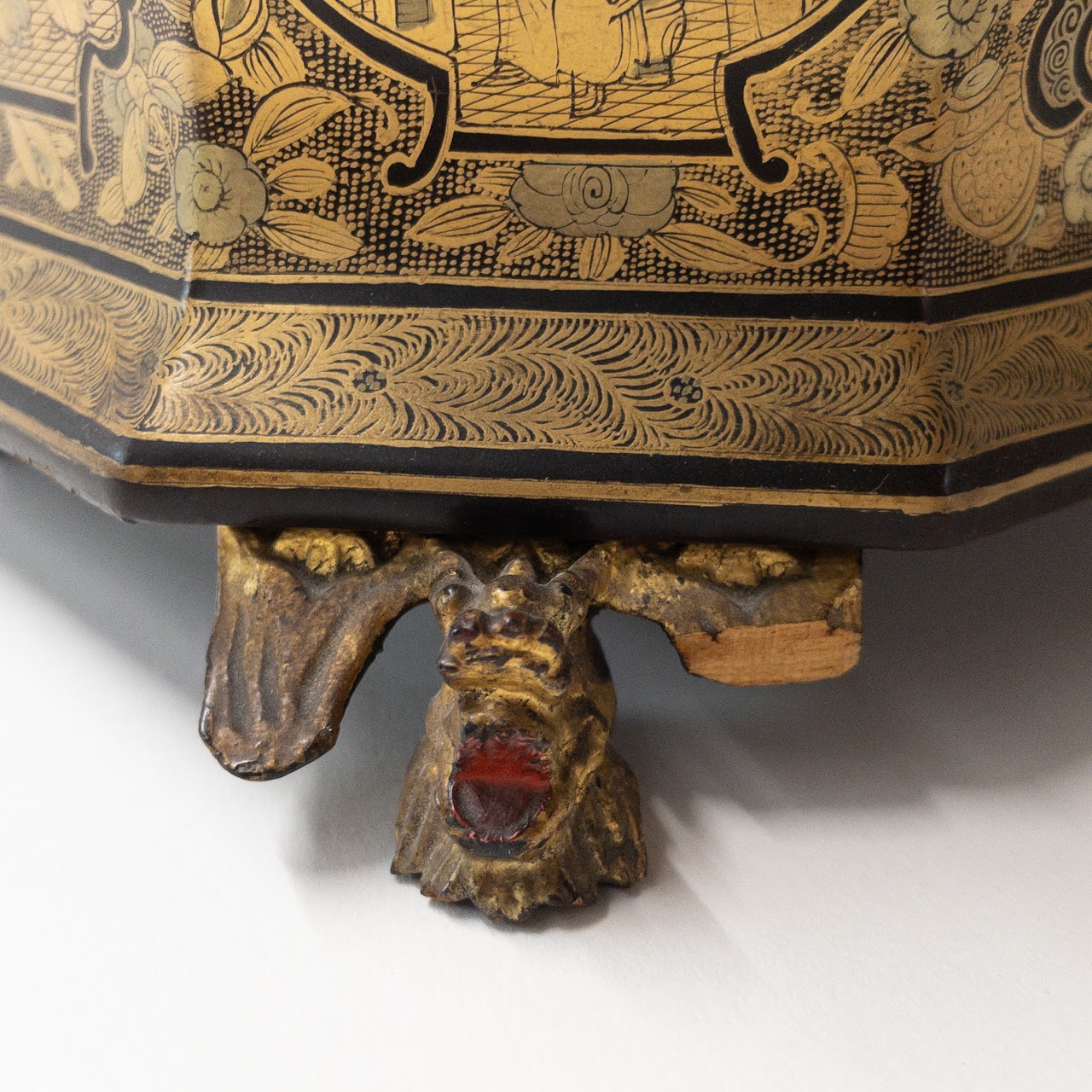 19th C. Chinese Lacquered Tea Caddy with Pewter Boxes