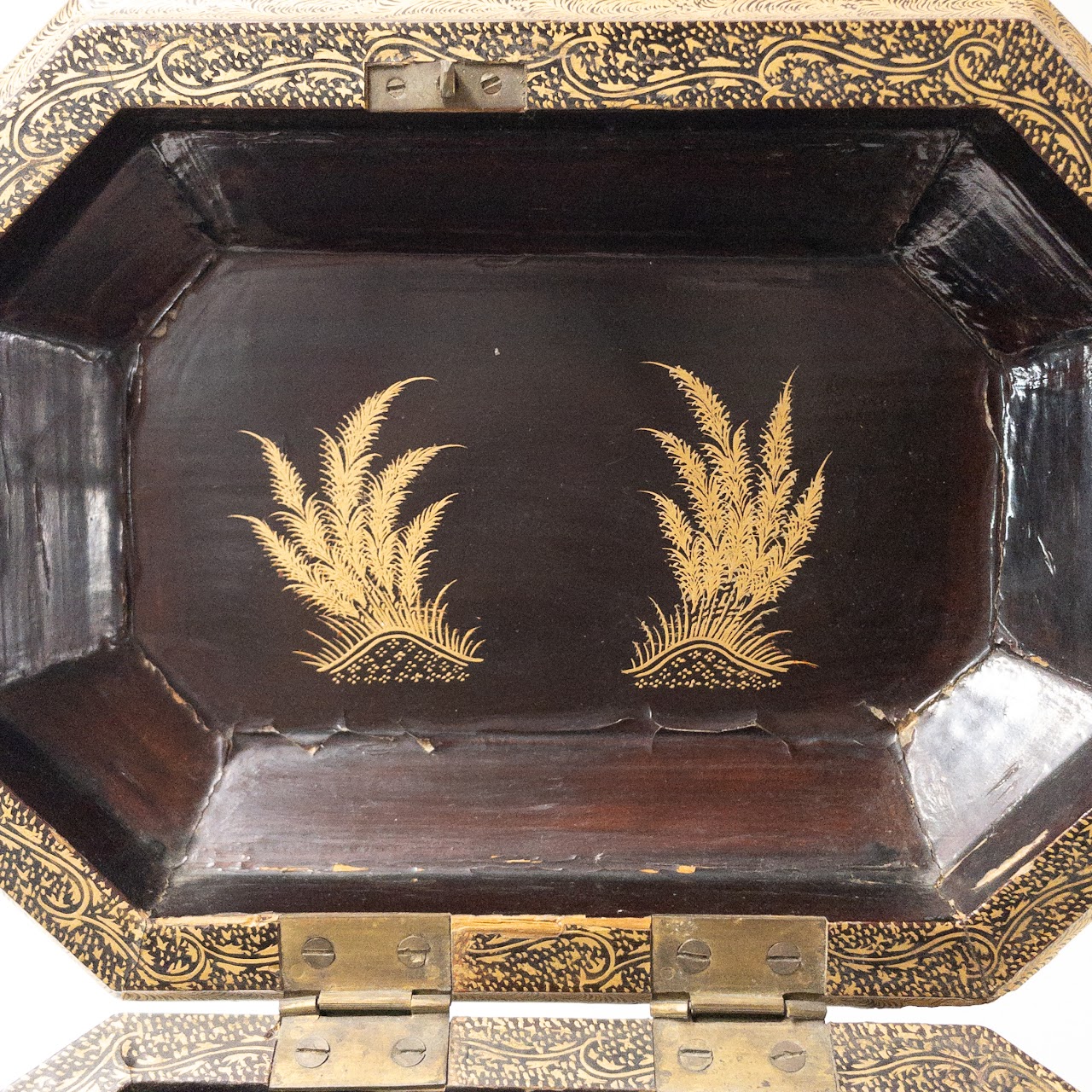 19th C. Chinese Lacquered Tea Caddy with Pewter Boxes