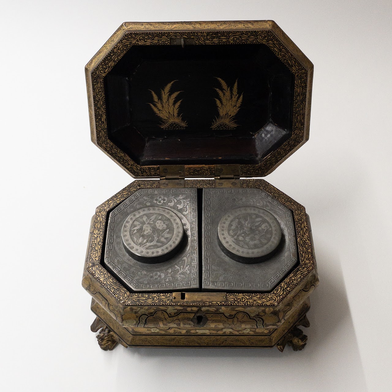 19th C. Chinese Lacquered Tea Caddy with Pewter Boxes