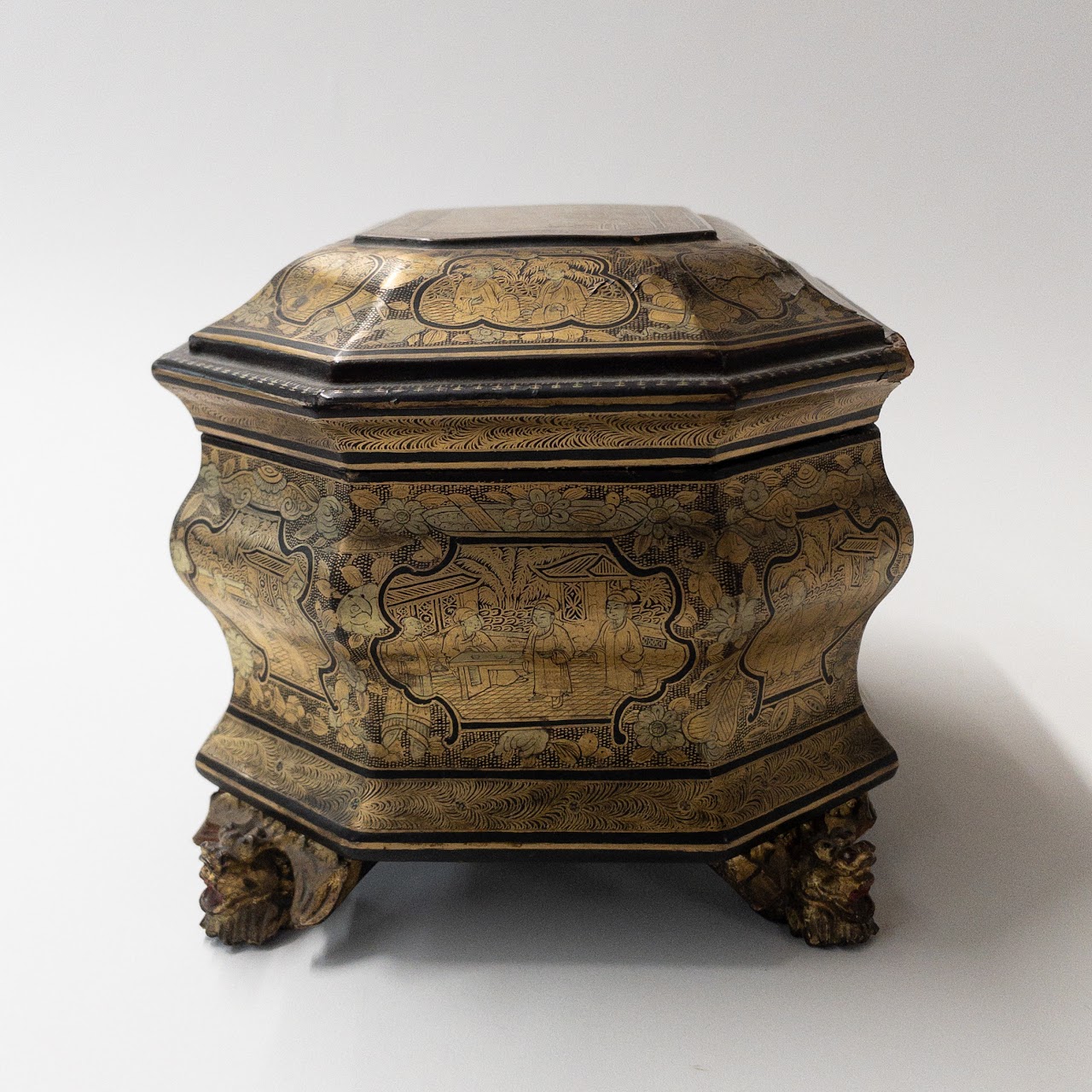 19th C. Chinese Lacquered Tea Caddy with Pewter Boxes