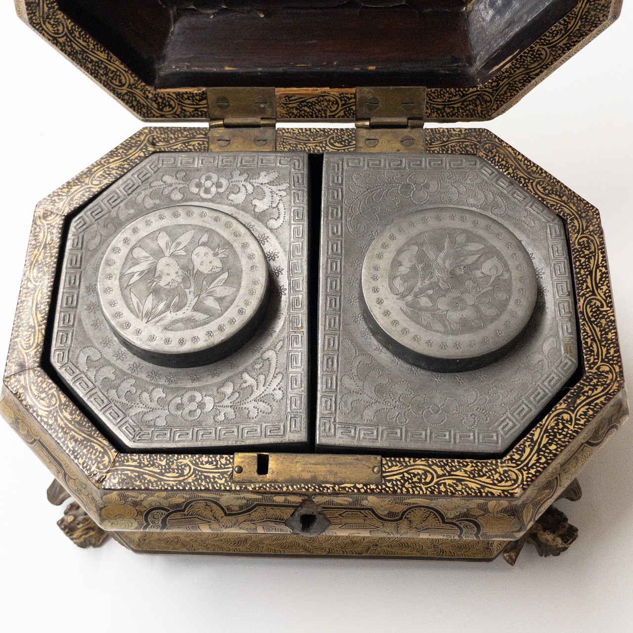 19th C. Chinese Lacquered Tea Caddy with Pewter Boxes