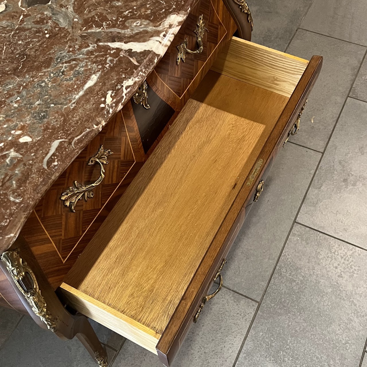 Rococo Style Parquetry Inlaid Marble Top Bombe Chest