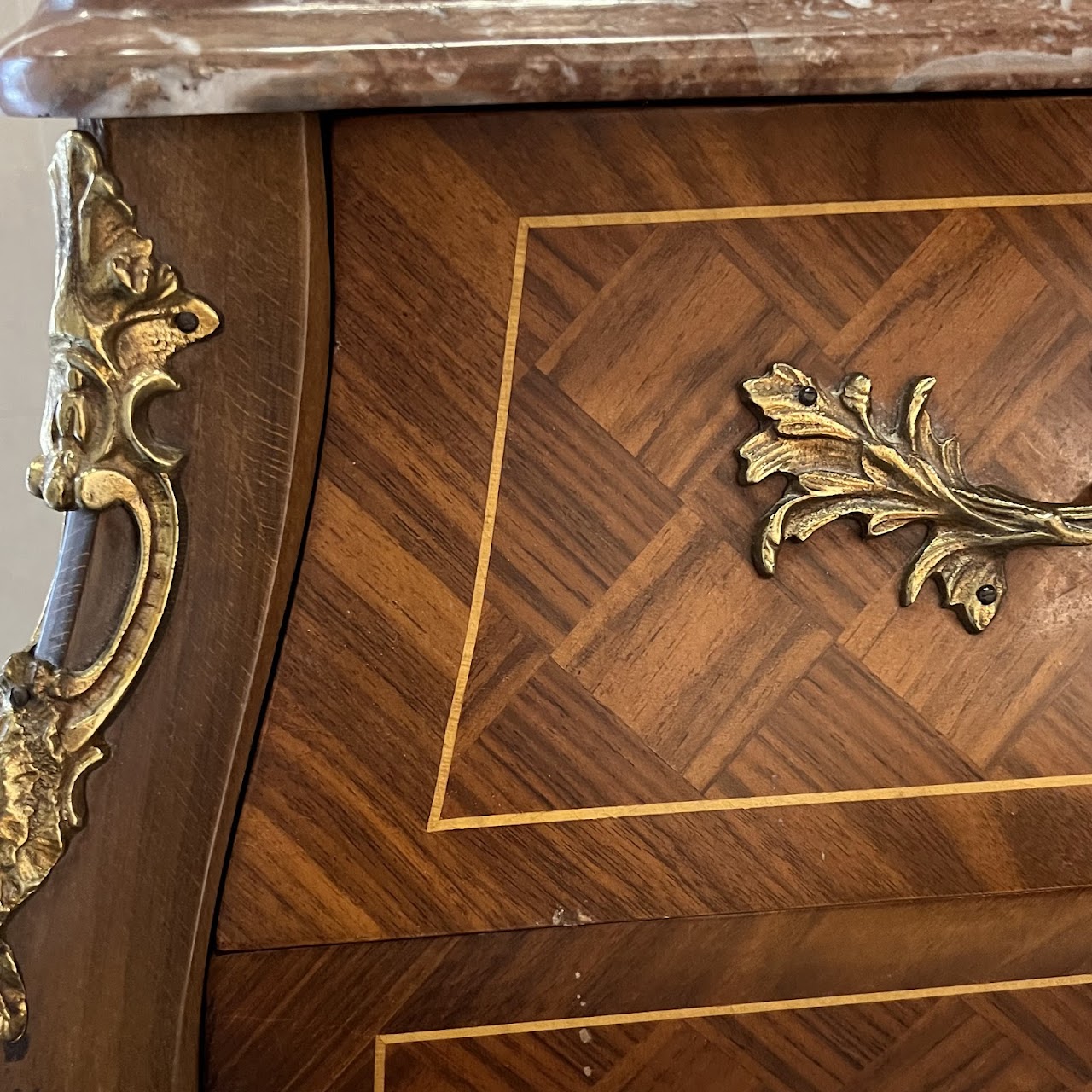 Rococo Style Parquetry Inlaid Marble Top Bombe Chest