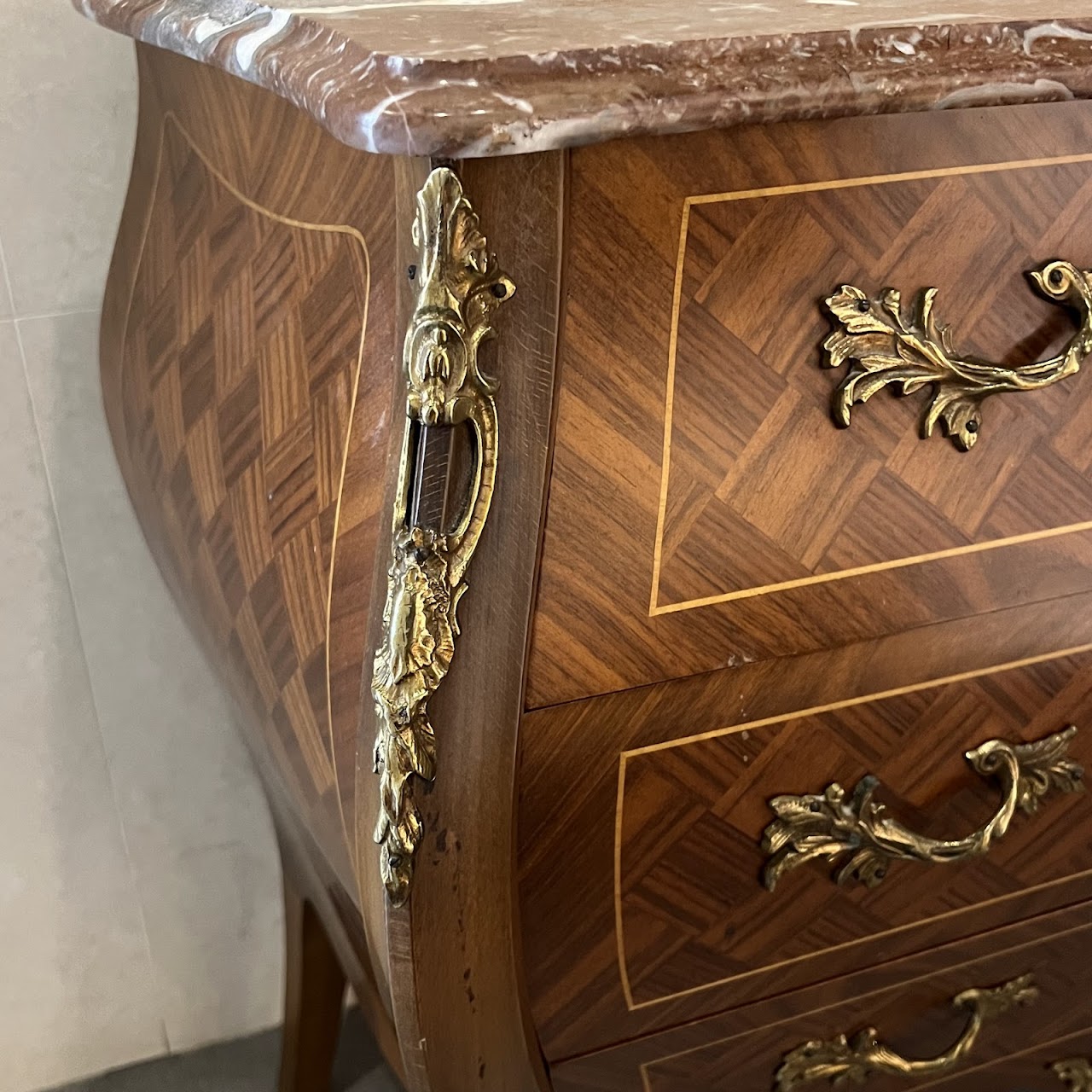 Rococo Style Parquetry Inlaid Marble Top Bombe Chest