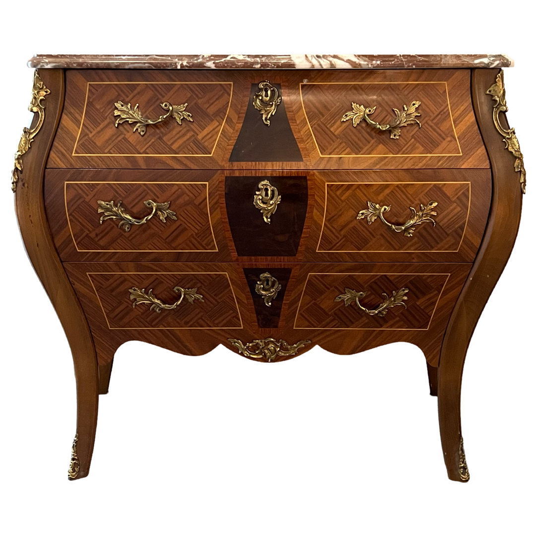 Rococo Style Parquetry Inlaid Marble Top Bombe Chest