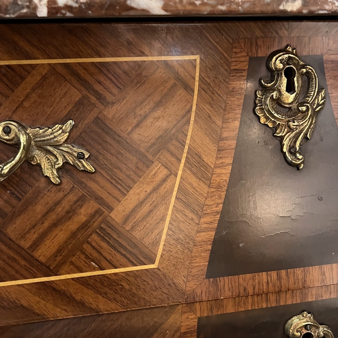 Rococo Style Parquetry Inlaid Marble Top Bombe Chest