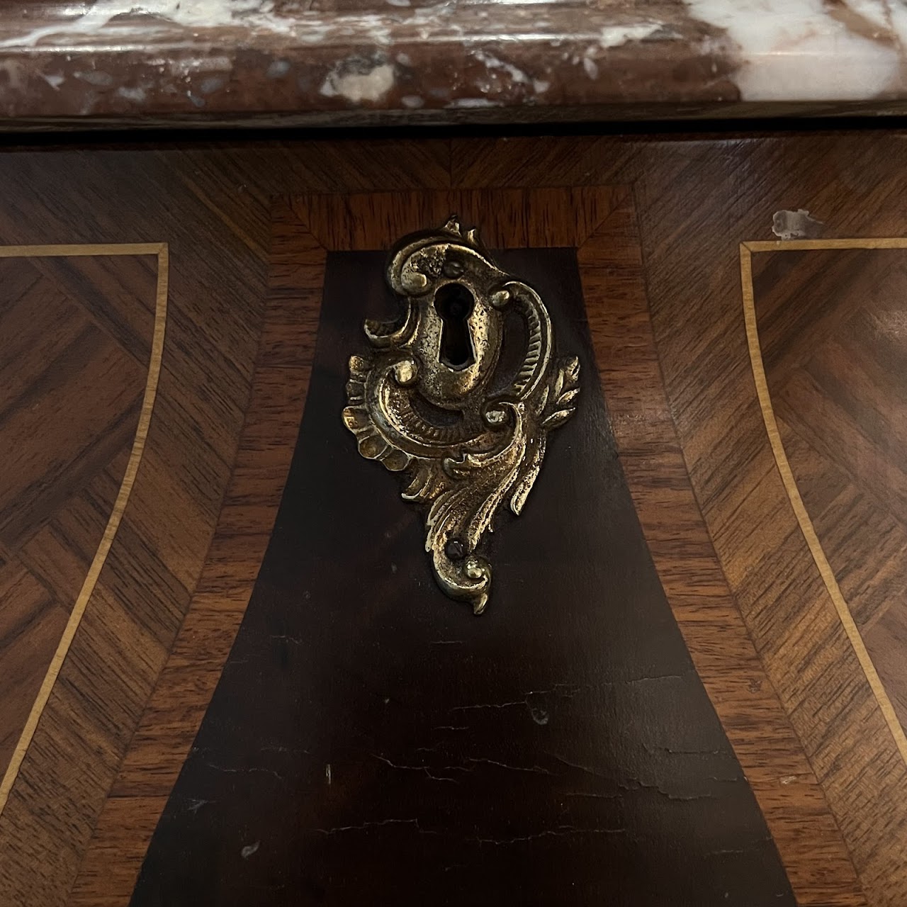 Rococo Style Parquetry Inlaid Marble Top Bombe Chest