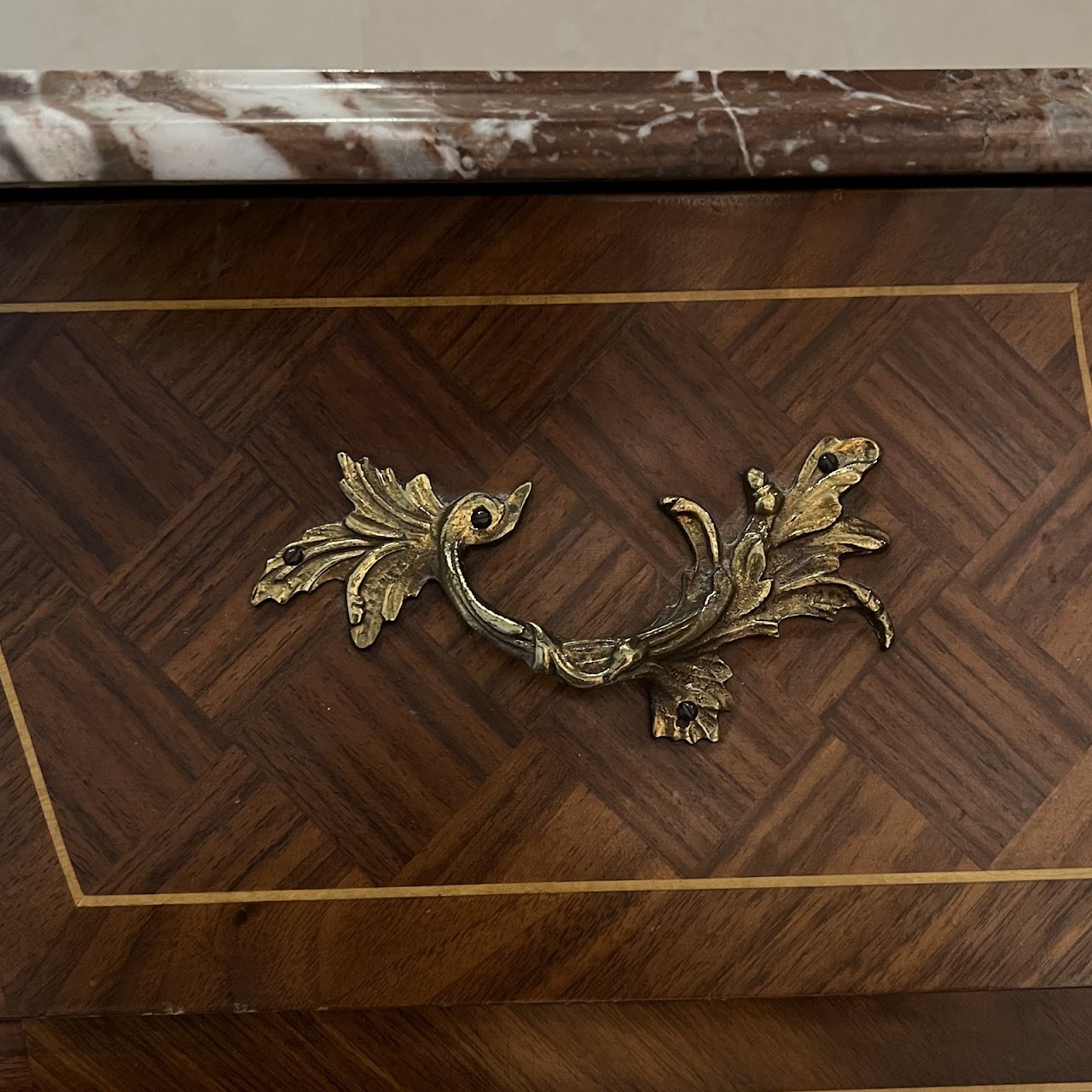 Rococo Style Parquetry Inlaid Marble Top Bombe Chest