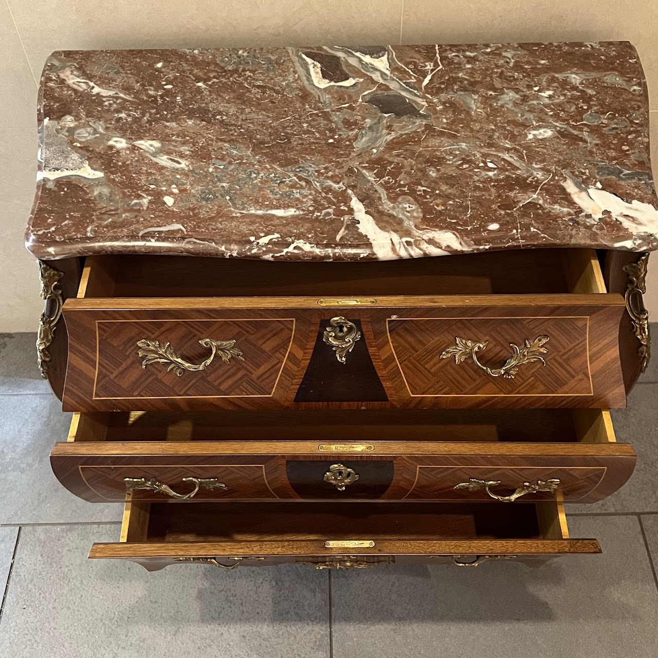 Rococo Style Parquetry Inlaid Marble Top Bombe Chest