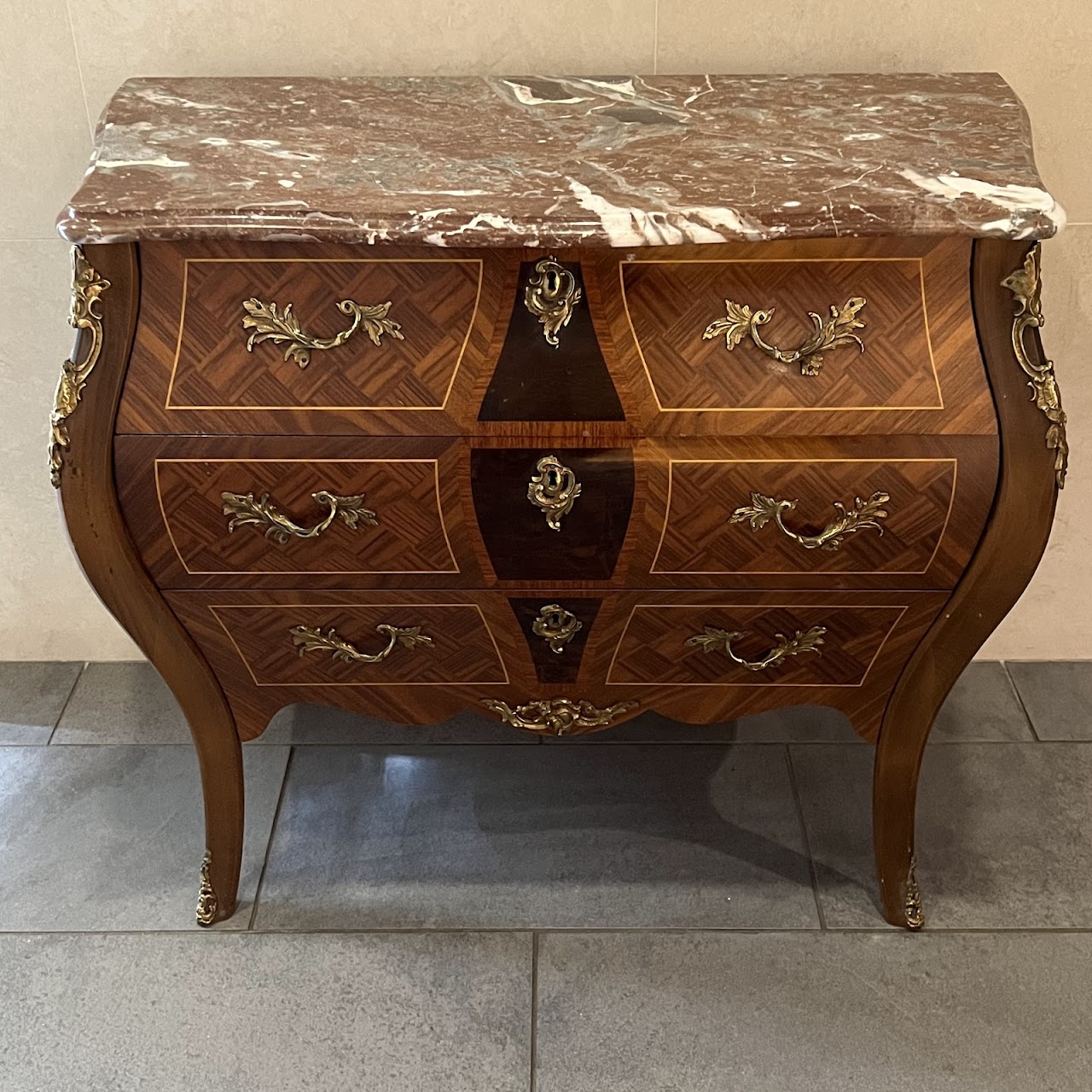 Rococo Style Parquetry Inlaid Marble Top Bombe Chest