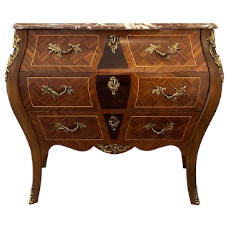 Rococo Style Parquetry Inlaid Marble Top Bombe Chest