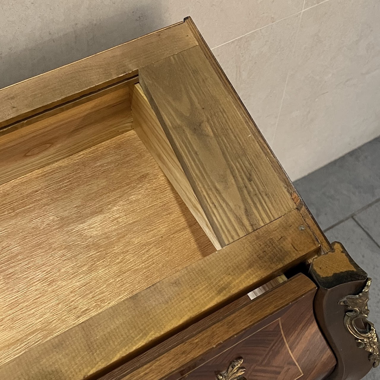 Rococo Style Parquetry Inlaid Marble Top Bombe Chest