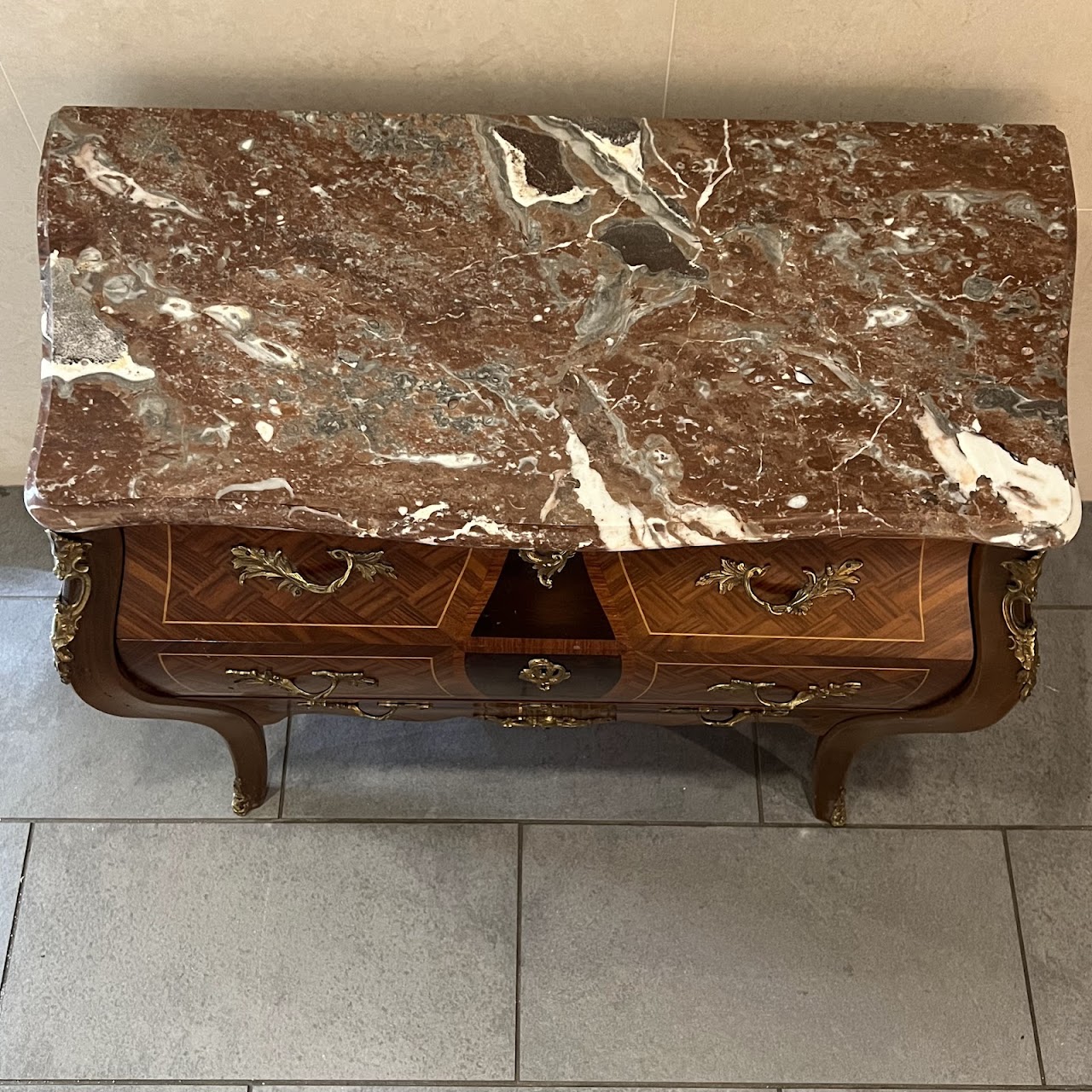 Rococo Style Parquetry Inlaid Marble Top Bombe Chest