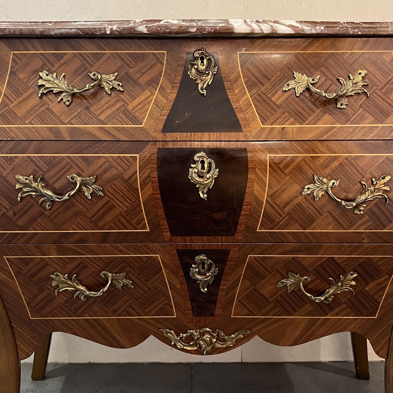 Rococo Style Parquetry Inlaid Marble Top Bombe Chest