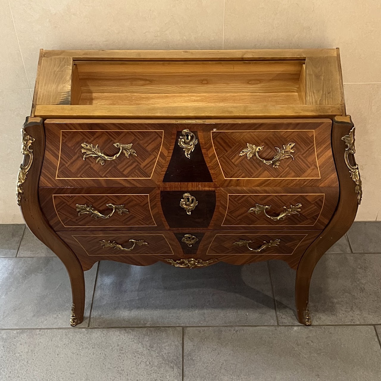 Rococo Style Parquetry Inlaid Marble Top Bombe Chest