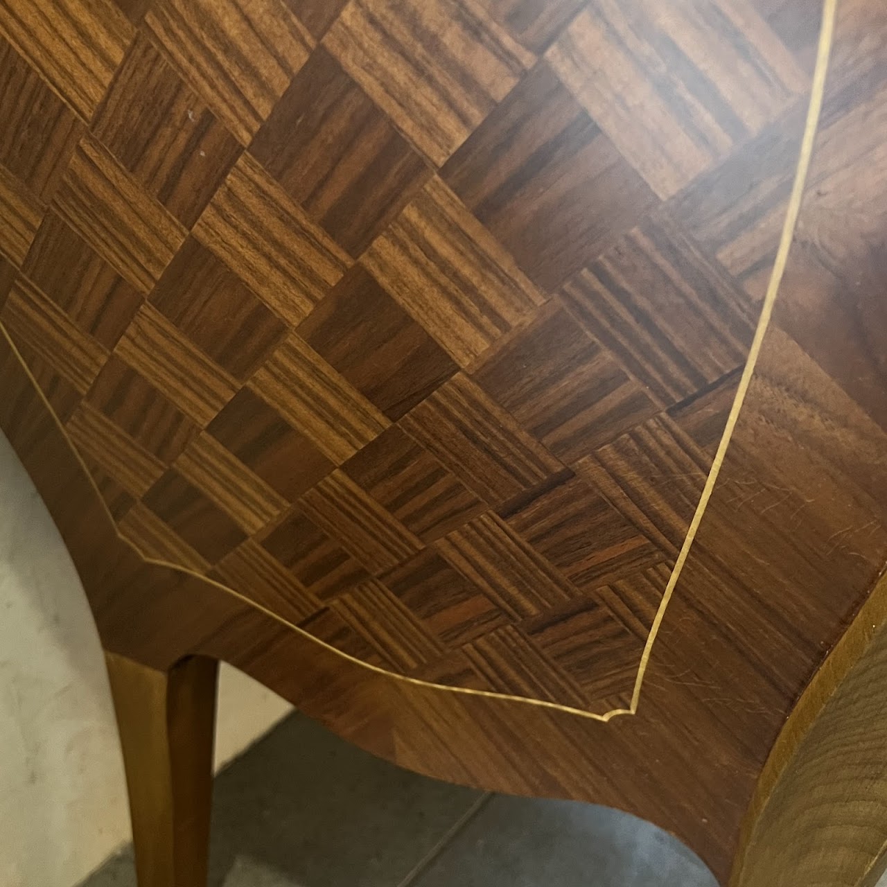 Rococo Style Parquetry Inlaid Marble Top Bombe Chest