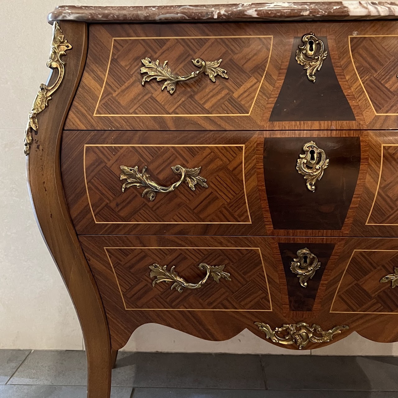 Rococo Style Parquetry Inlaid Marble Top Bombe Chest