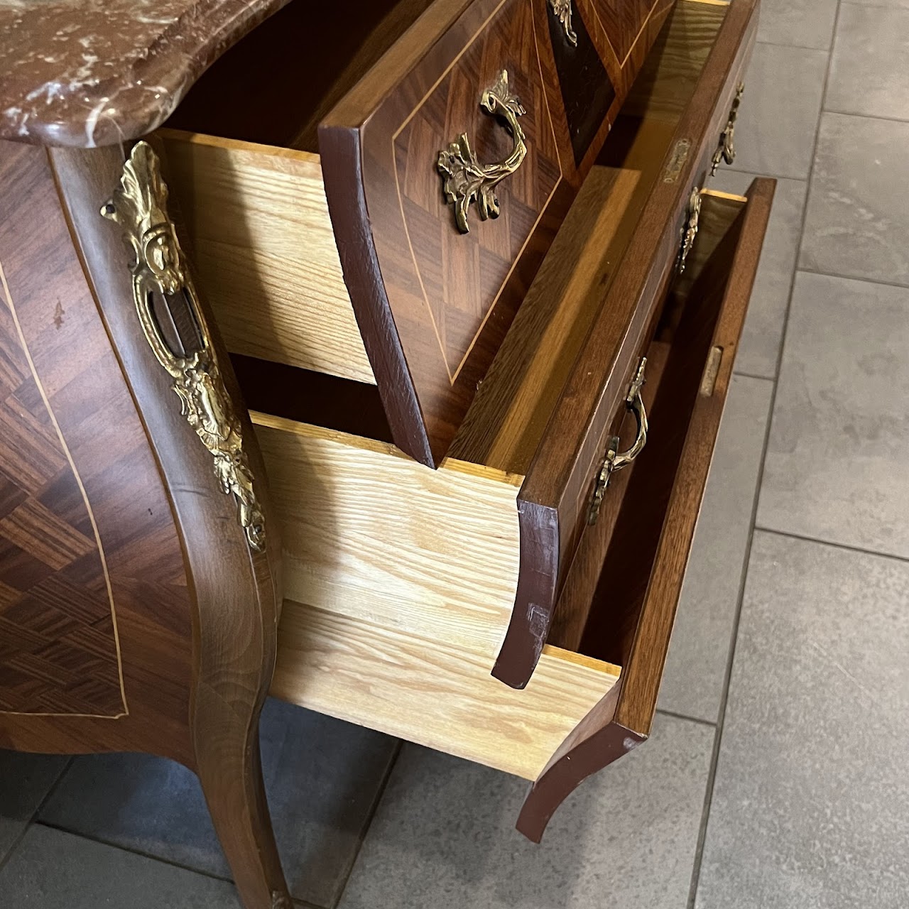 Rococo Style Parquetry Inlaid Marble Top Bombe Chest