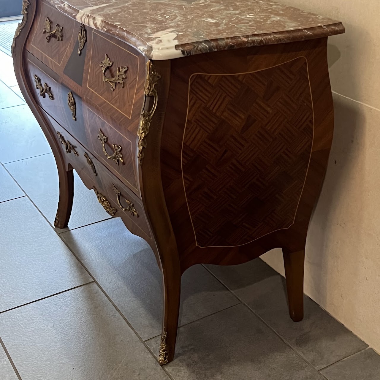 Rococo Style Parquetry Inlaid Marble Top Bombe Chest