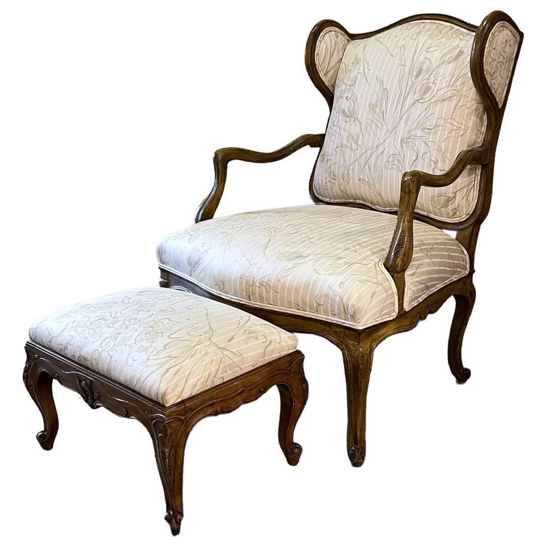 Carved Wingback Chair with Ottoman