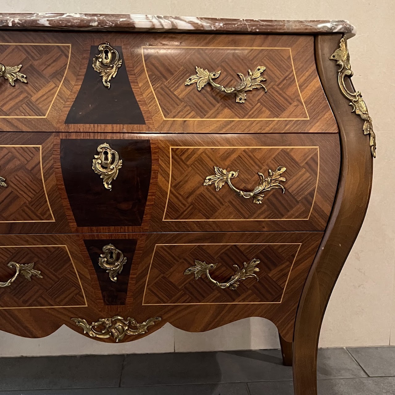 Rococo Style Parquetry Inlaid Marble Top Bombe Chest