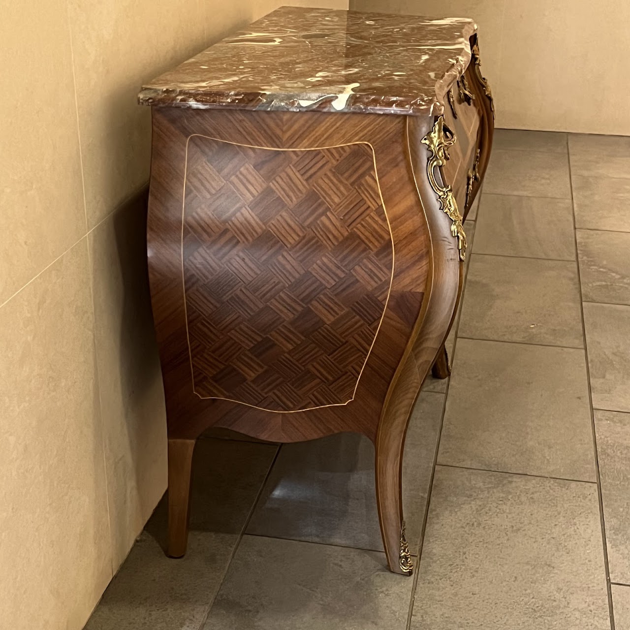 Rococo Style Parquetry Inlaid Marble Top Bombe Chest