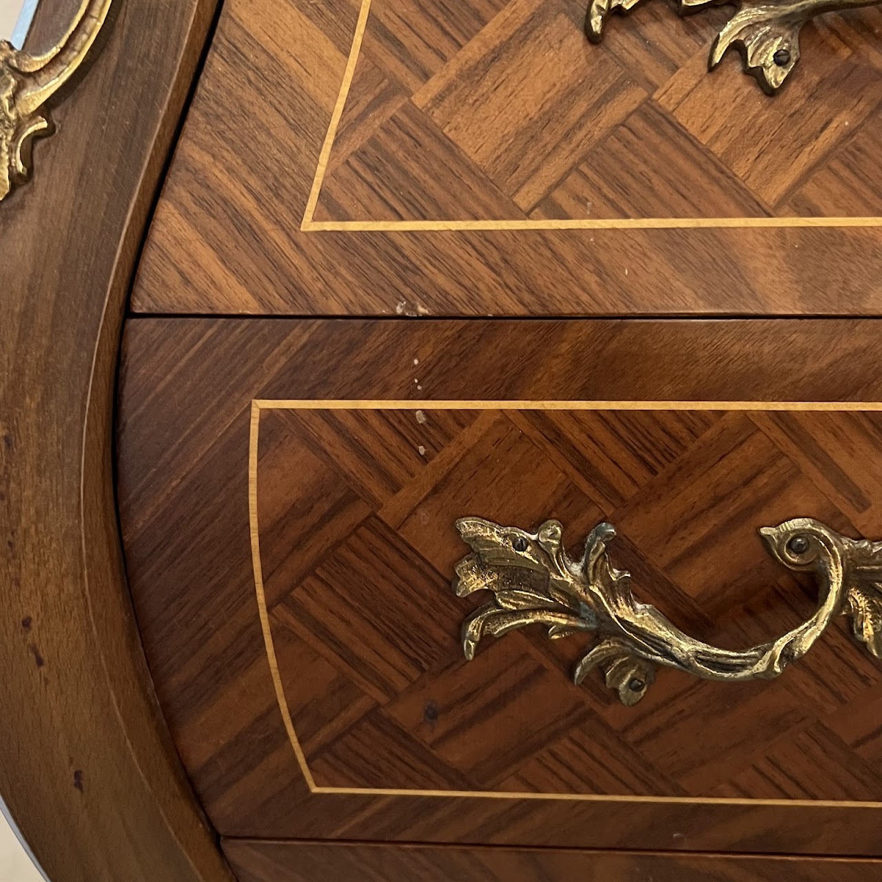 Rococo Style Parquetry Inlaid Marble Top Bombe Chest